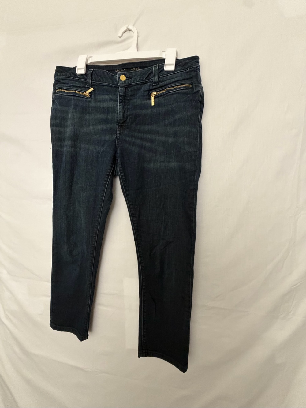 Michael Kors Womens 12 Izzy Cropped Skinny Gold Zip Dark Wash Jeans(A972)